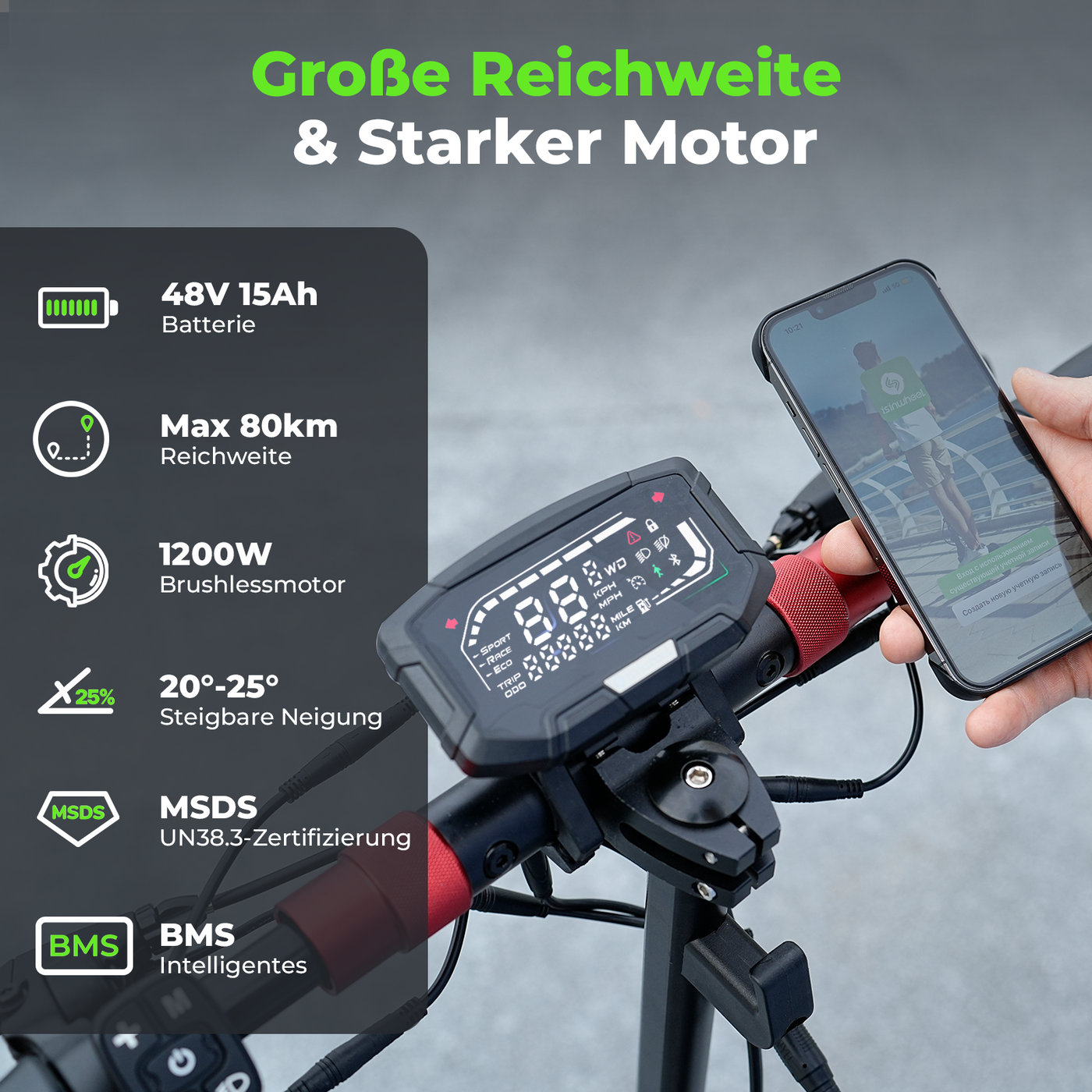 isinwheel GT2 1200W Offroad E-Scooter mit 11-Zoll Geländereifen